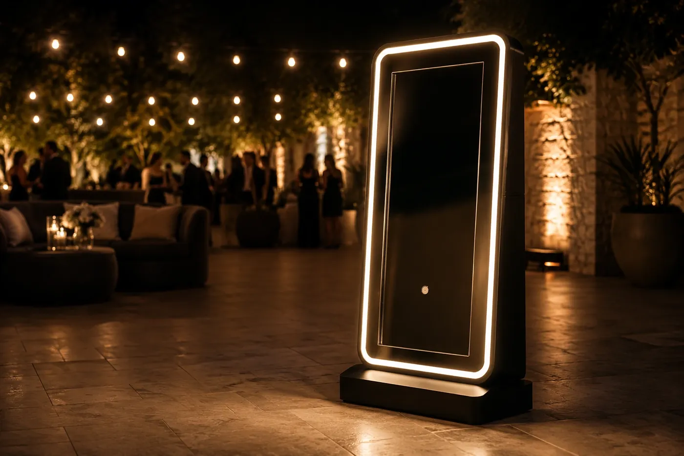 Mirrorbooth elegante em ambiente de evento premium
